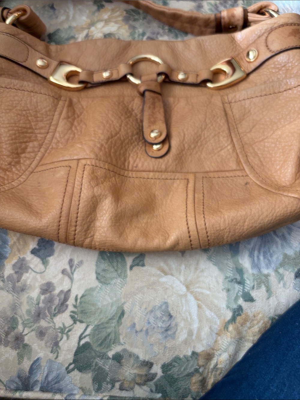 b. makowsky Tan Pebbled Leather Shoulder Bag with Gold Hardware